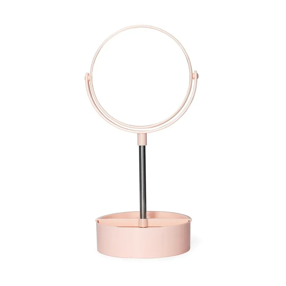 Espelho personalizado de mesa, dupla face, pedestal de alumínio, cor rosa