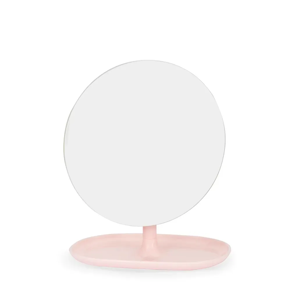 Espelho personalizado de mesa, pedestal giratório 360°, cor rosa