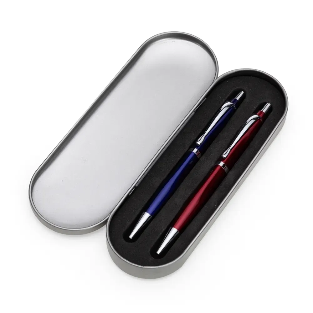 Estojo de metal prata personalizado para 2 canetas com interior em espuma