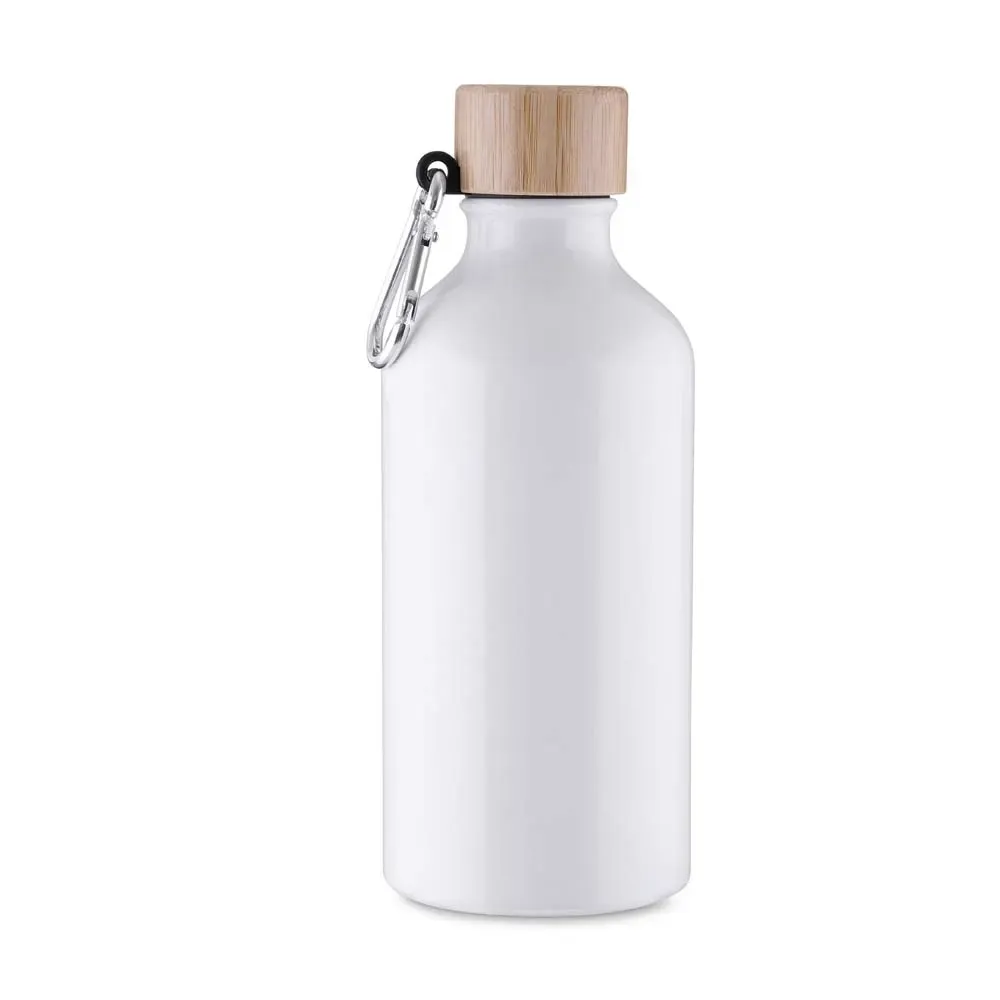 Garrafa de Alumínio 550ml Tampa em Bambu com Mosquetão personalizada branca