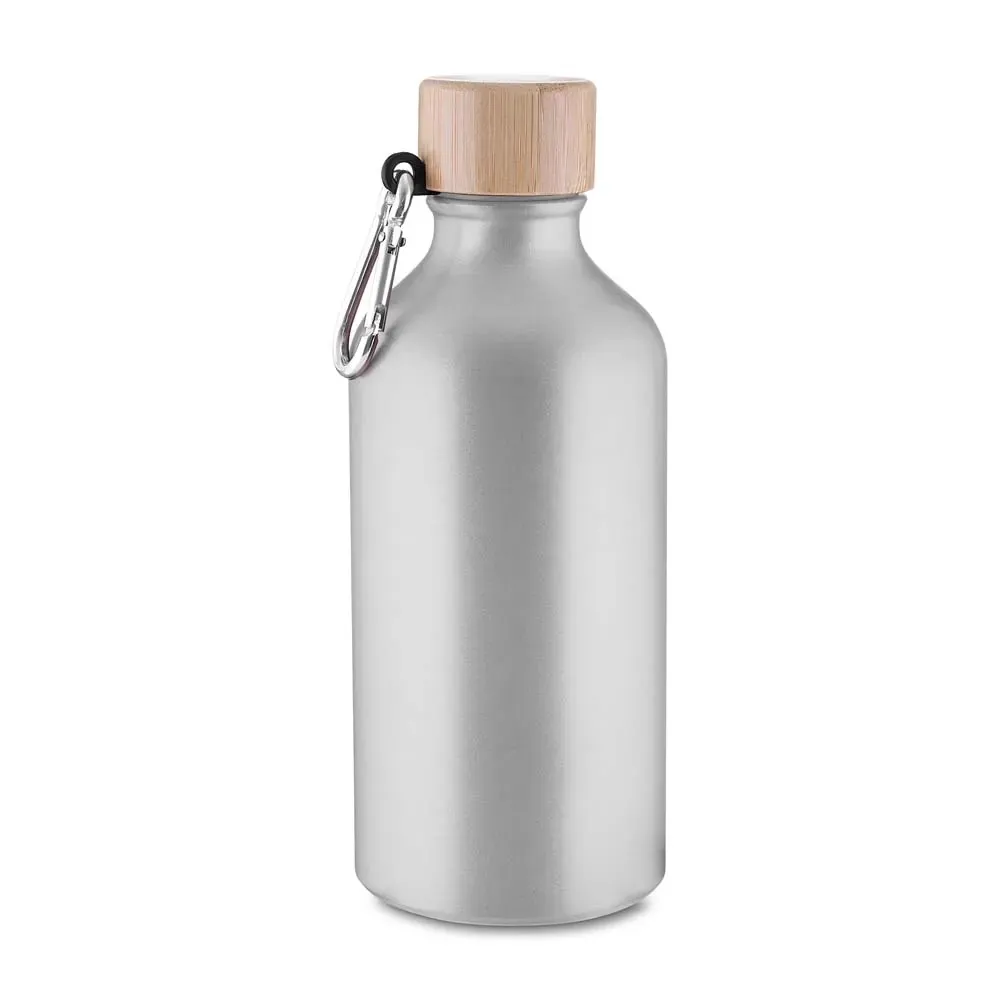 Garrafa de Alumínio 550ml Tampa em Bambu com Mosquetão personalizada prata