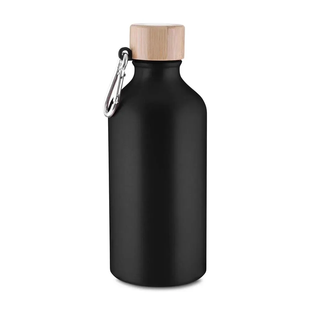 Garrafa de Alumínio 550ml Tampa em Bambu com Mosquetão personalizada preta