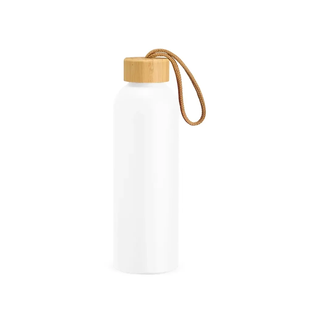 Garrafa de Alumínio 800ml com Tampa de Bambu personalizada branca