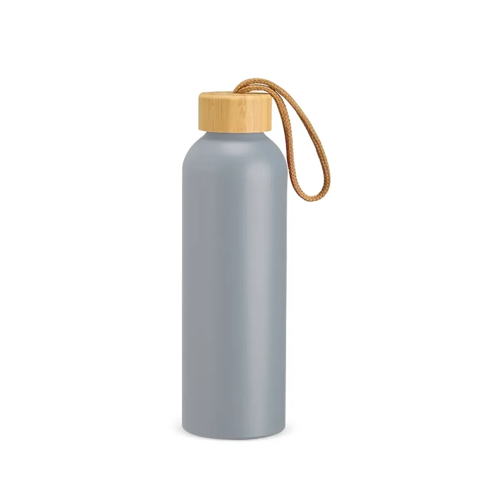 Garrafa de Alumínio 800ml com Tampa de Bambu personalizada cinza