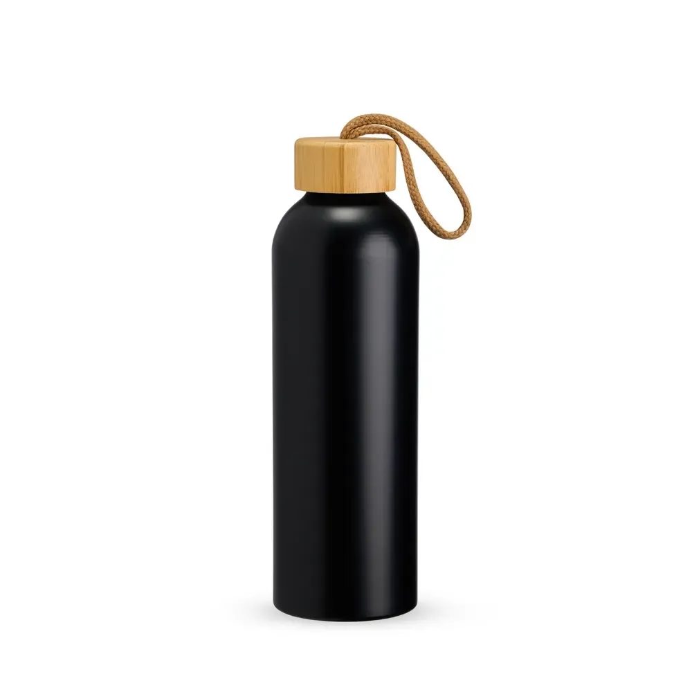 Garrafa de Alumínio 800ml com Tampa de Bambu personalizada preta