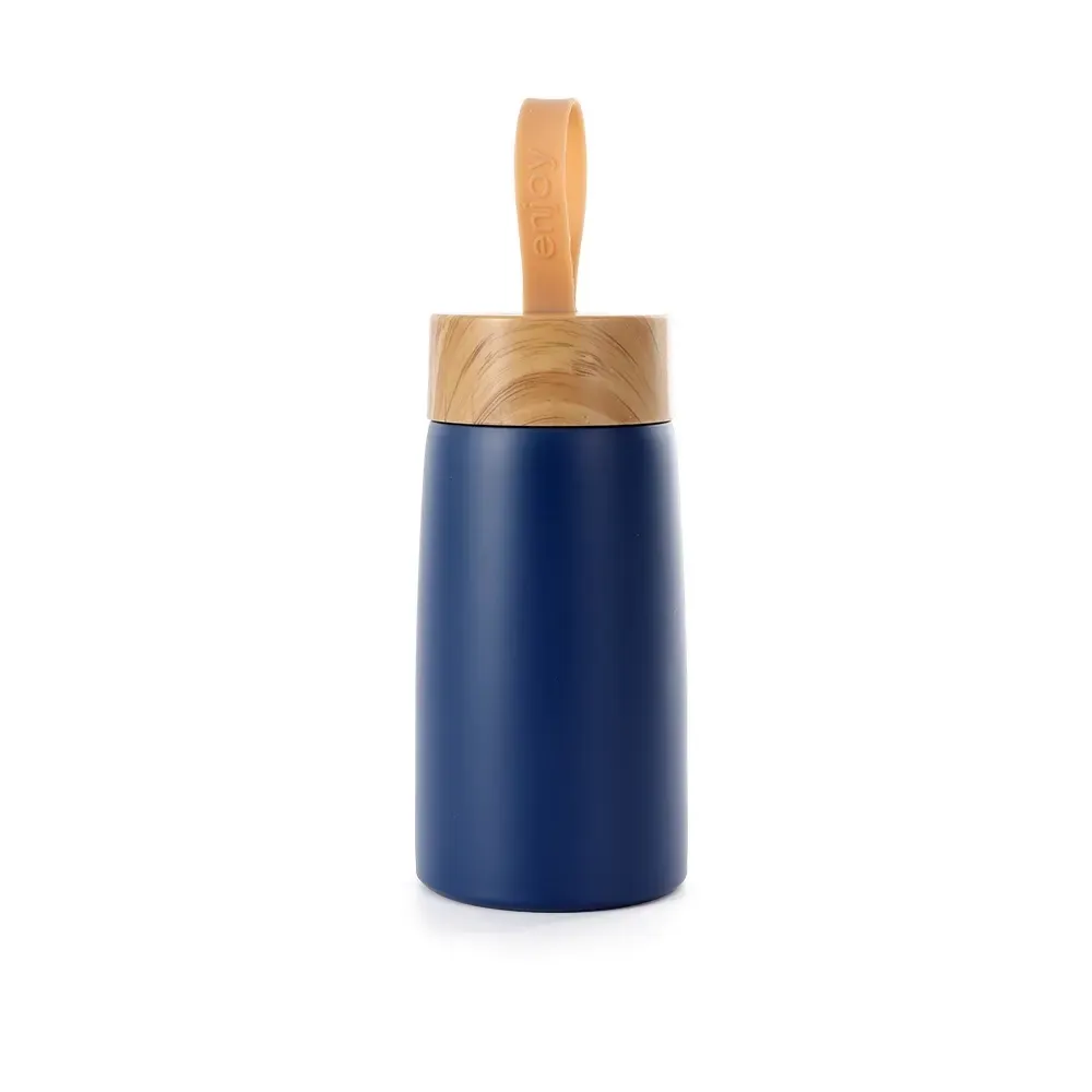 Garrafa Inox 250ml personalizada azul com tampa estilo bambu