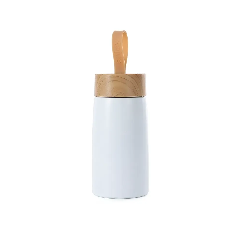 Garrafa Inox 250ml personalizada branca com tampa estilo bambu