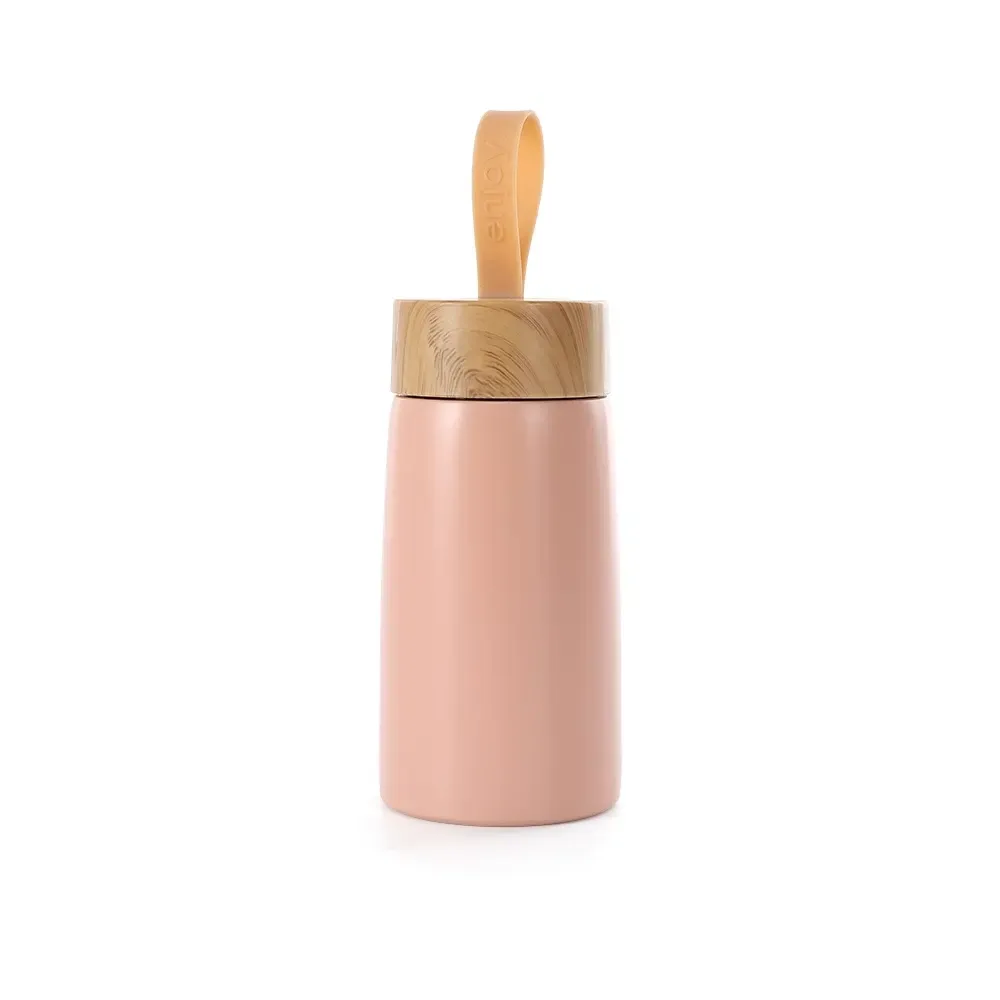 Garrafa Inox 250ml personalizada rosa com tampa estilo bambu