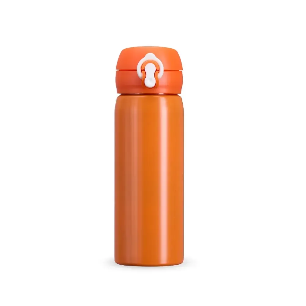 Garrafa inox 500ml botão e válvula personalizada laranja