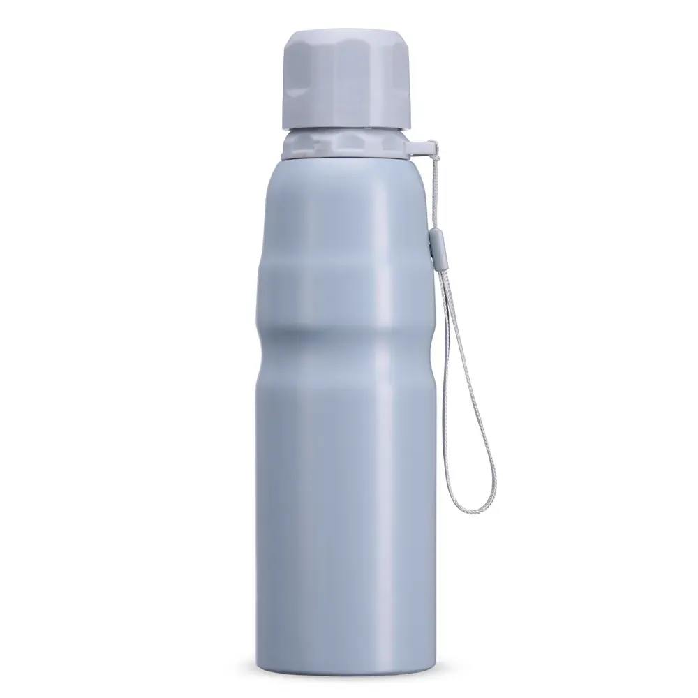 Garrafa inox 800ml cinza claro com cordão para transporte personalizada