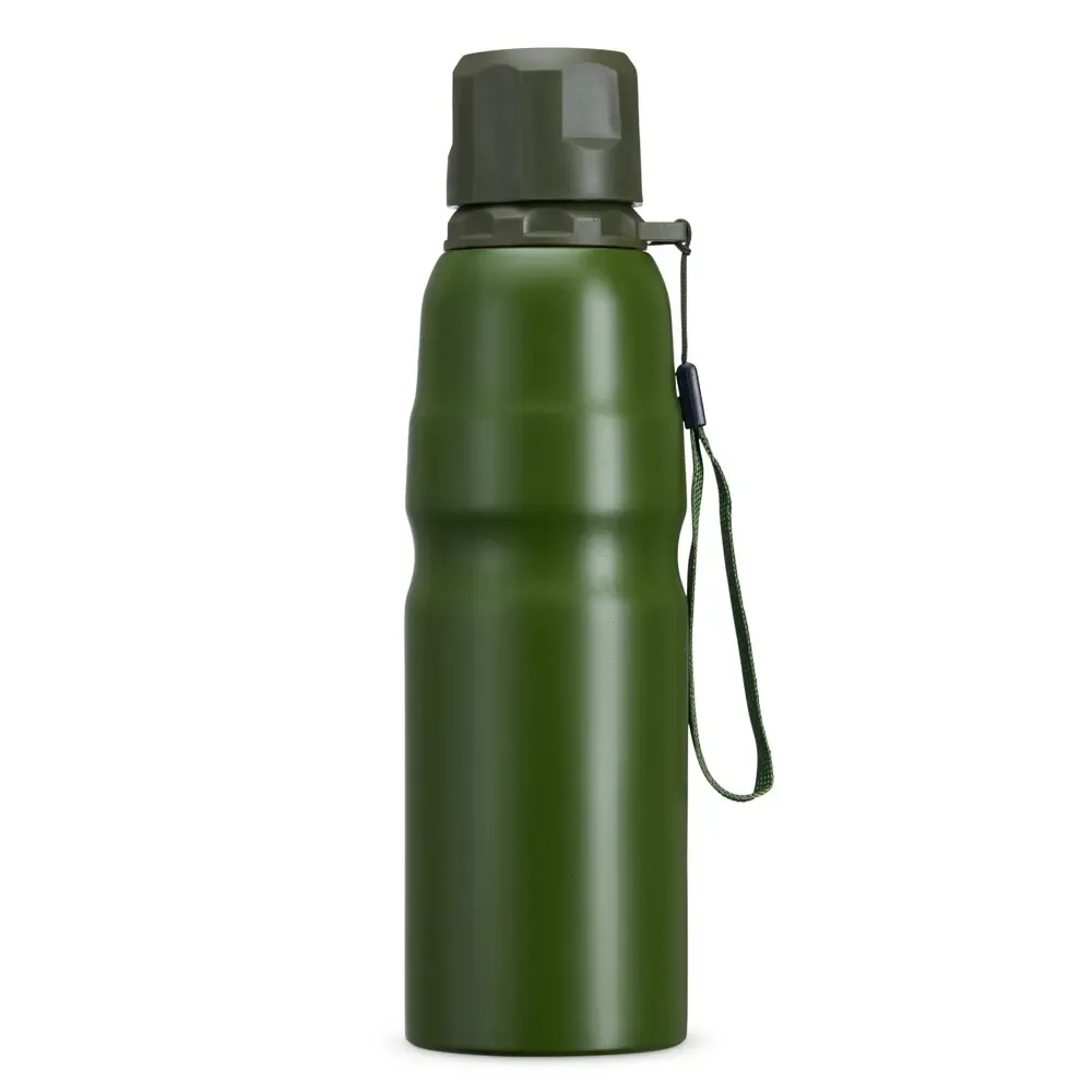 Garrafa inox 800ml verde com cordão para transporte personalizada
