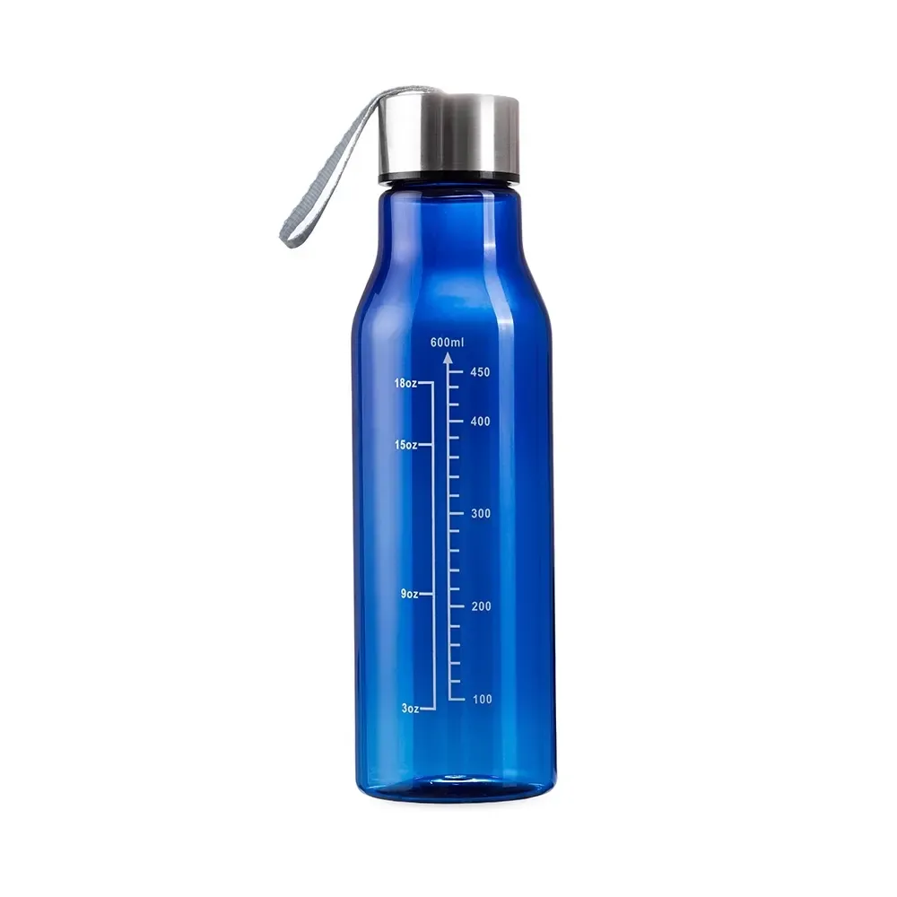Garrafa plástica 615ml com marcação de volume personalizada azul escuro