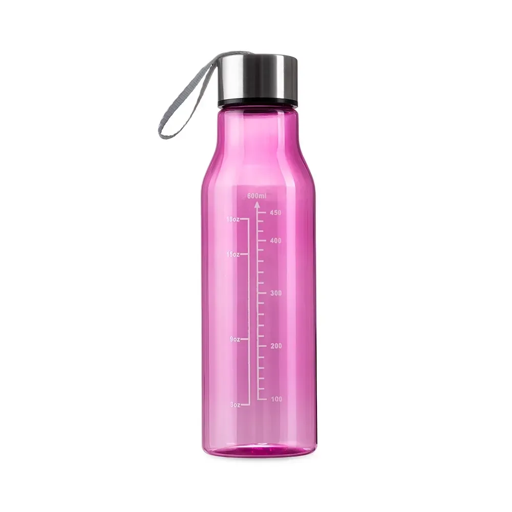 Garrafa plástica 615ml com marcação de volume personalizada rosa