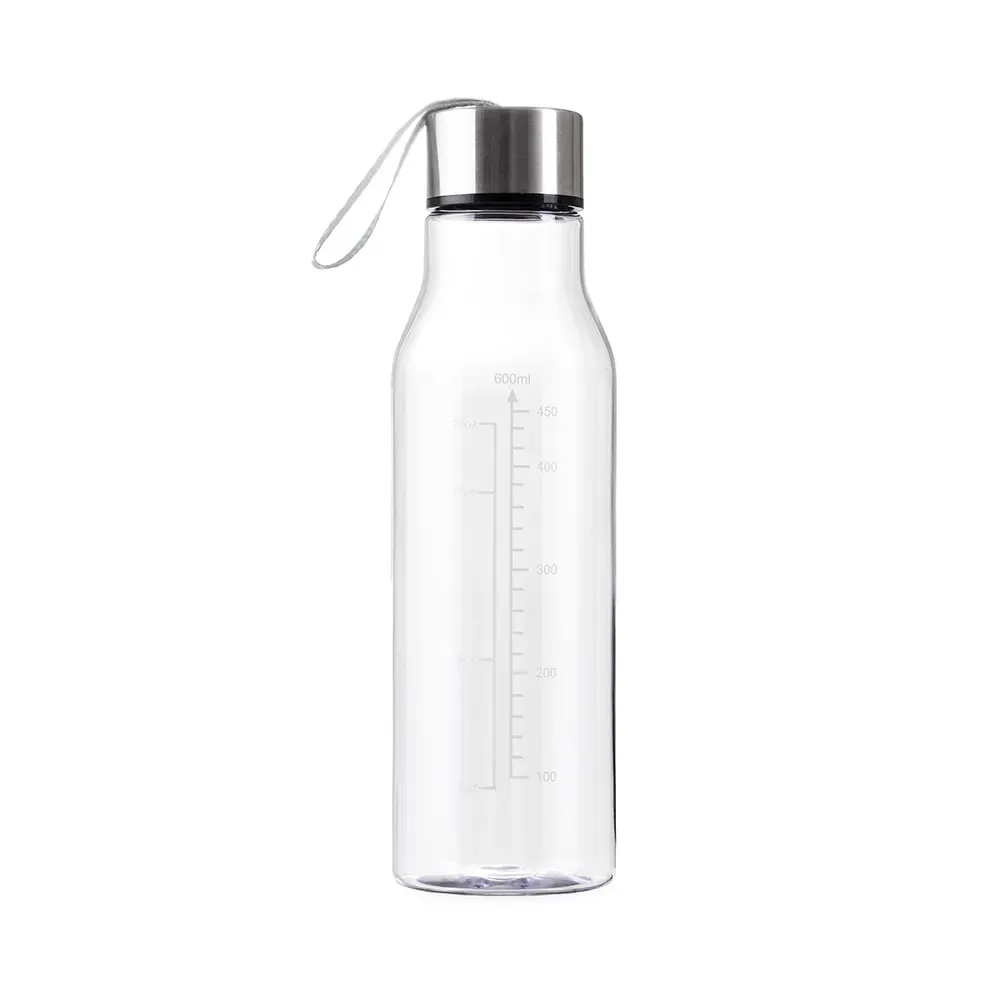 Garrafa plástica 615ml com marcação de volume personalizada transparente