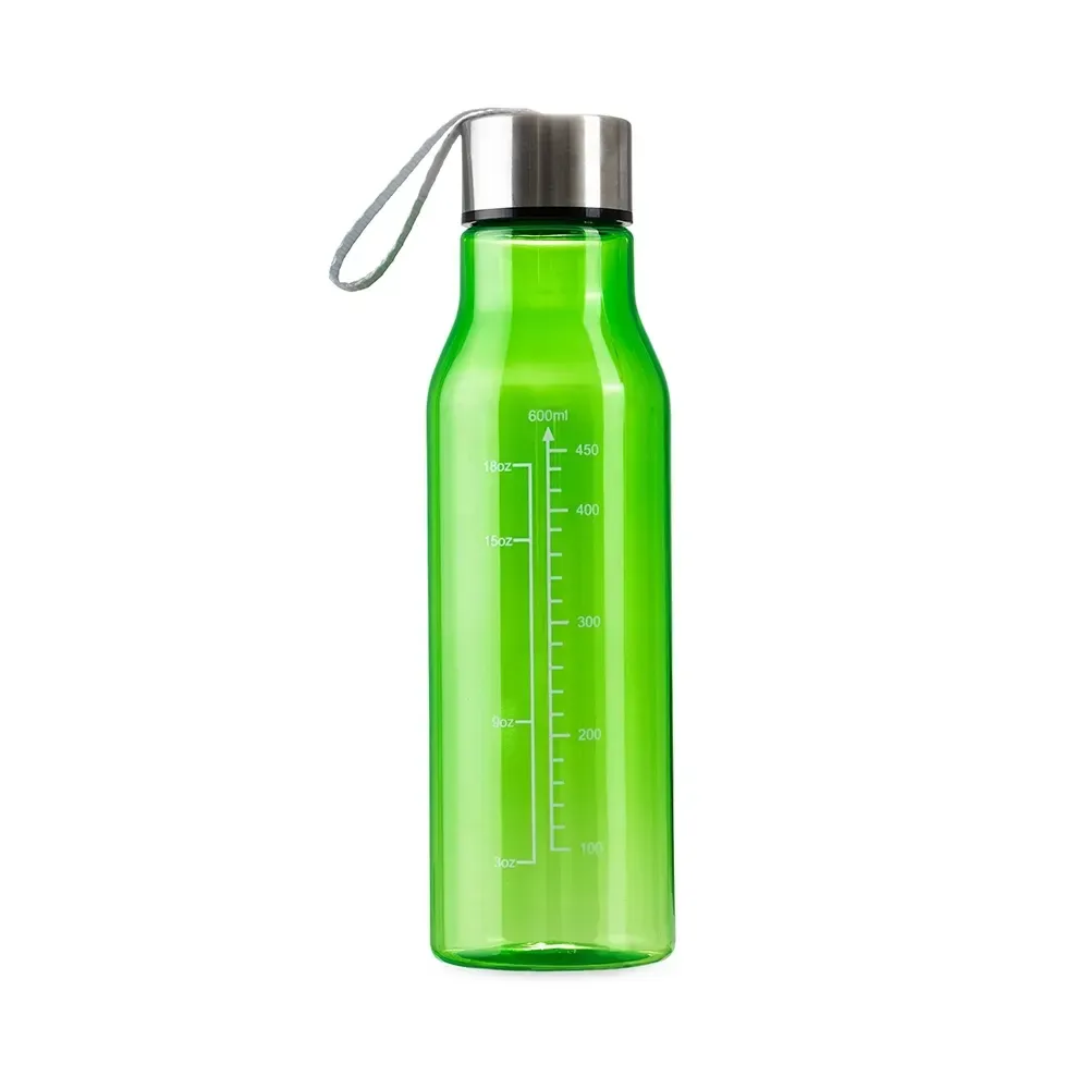 Garrafa plástica 615ml com marcação de volume personalizada verde