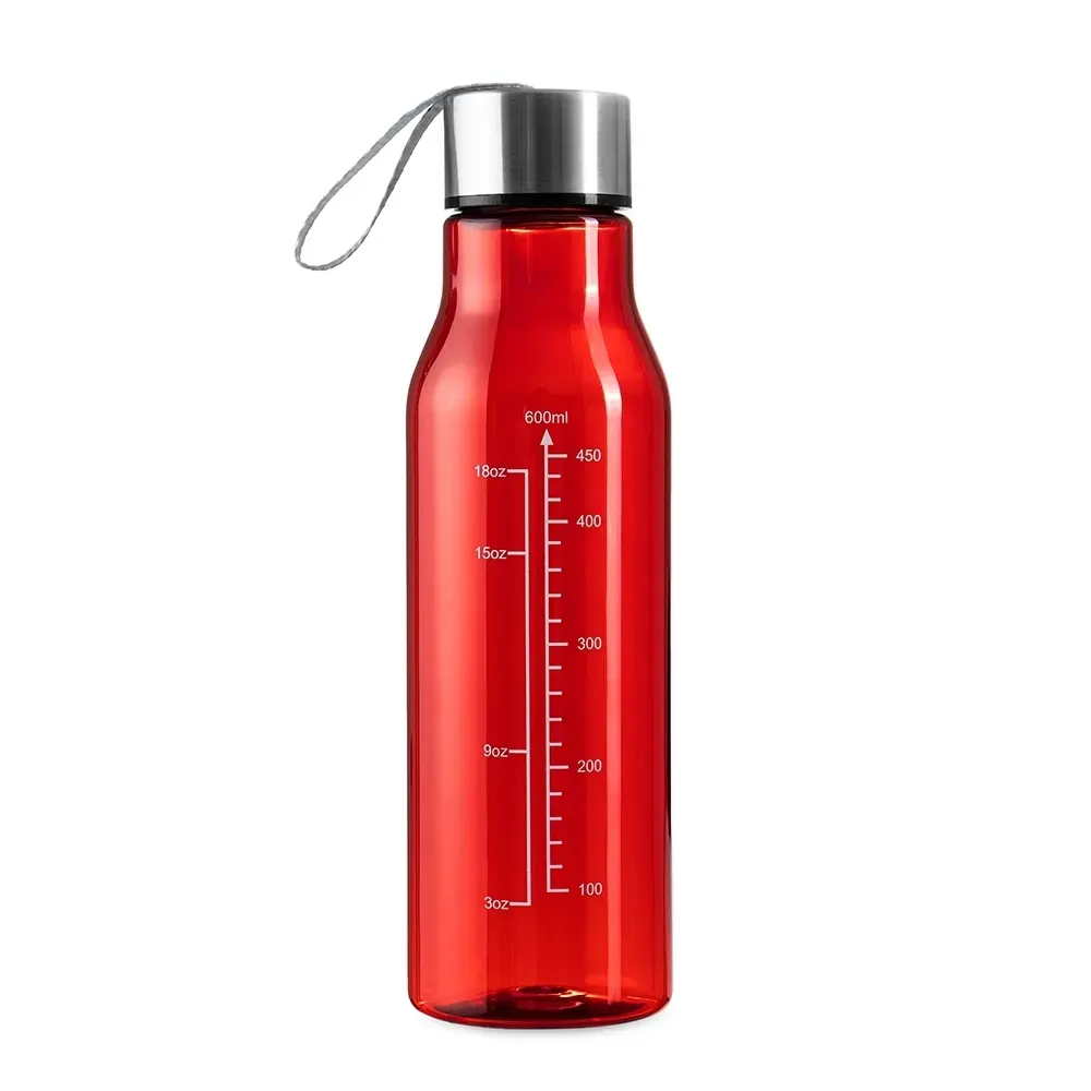 Garrafa plástica 615ml com marcação de volume personalizada vermelha