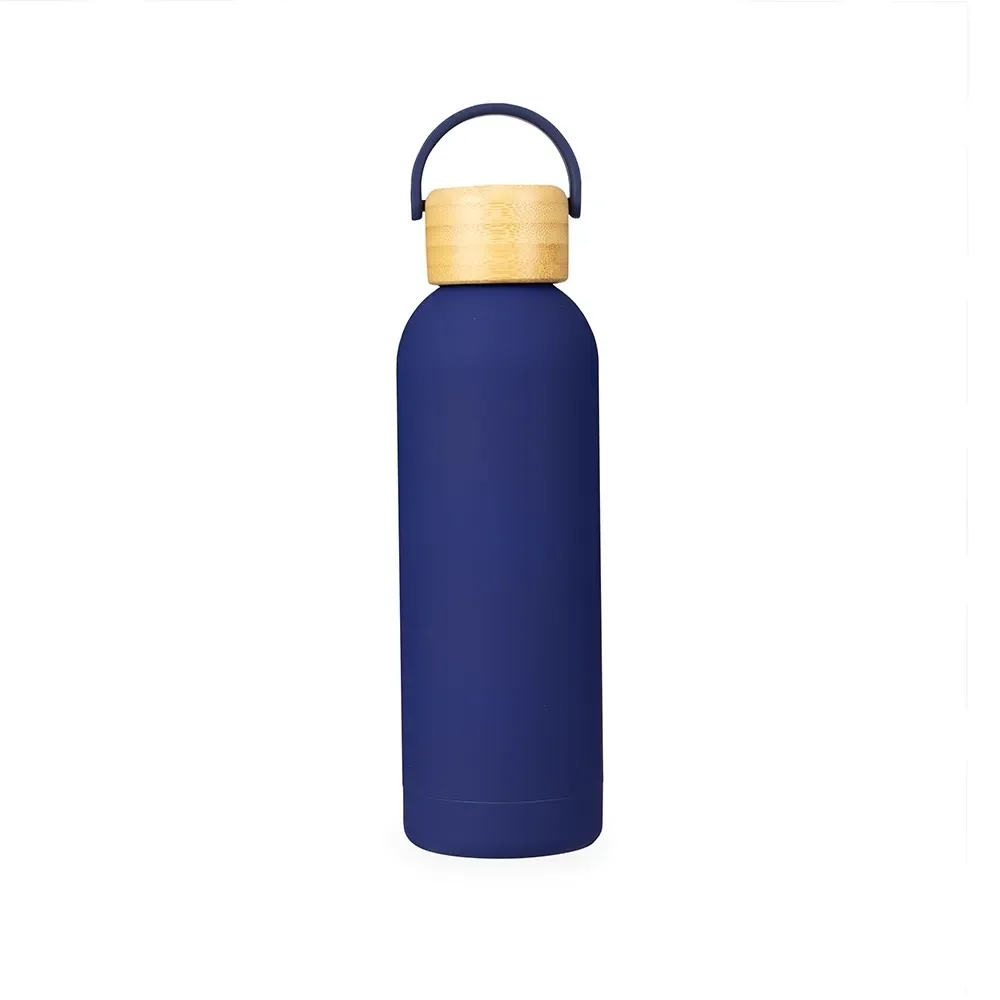 Garrafa Térmica Inox 500ml Pintura Emborrachada Tampa Bambu personalizada azul