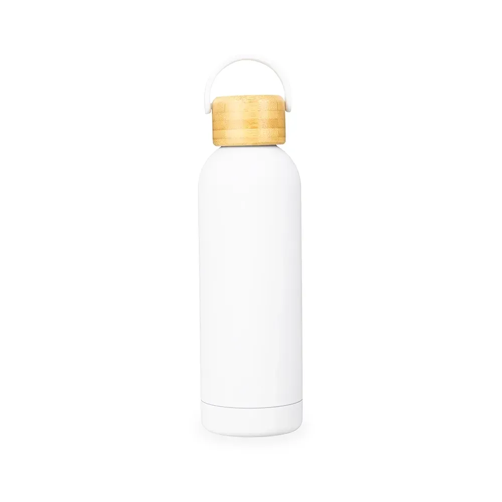 Garrafa Térmica Inox 500ml Pintura Emborrachada Tampa Bambu personalizada branca