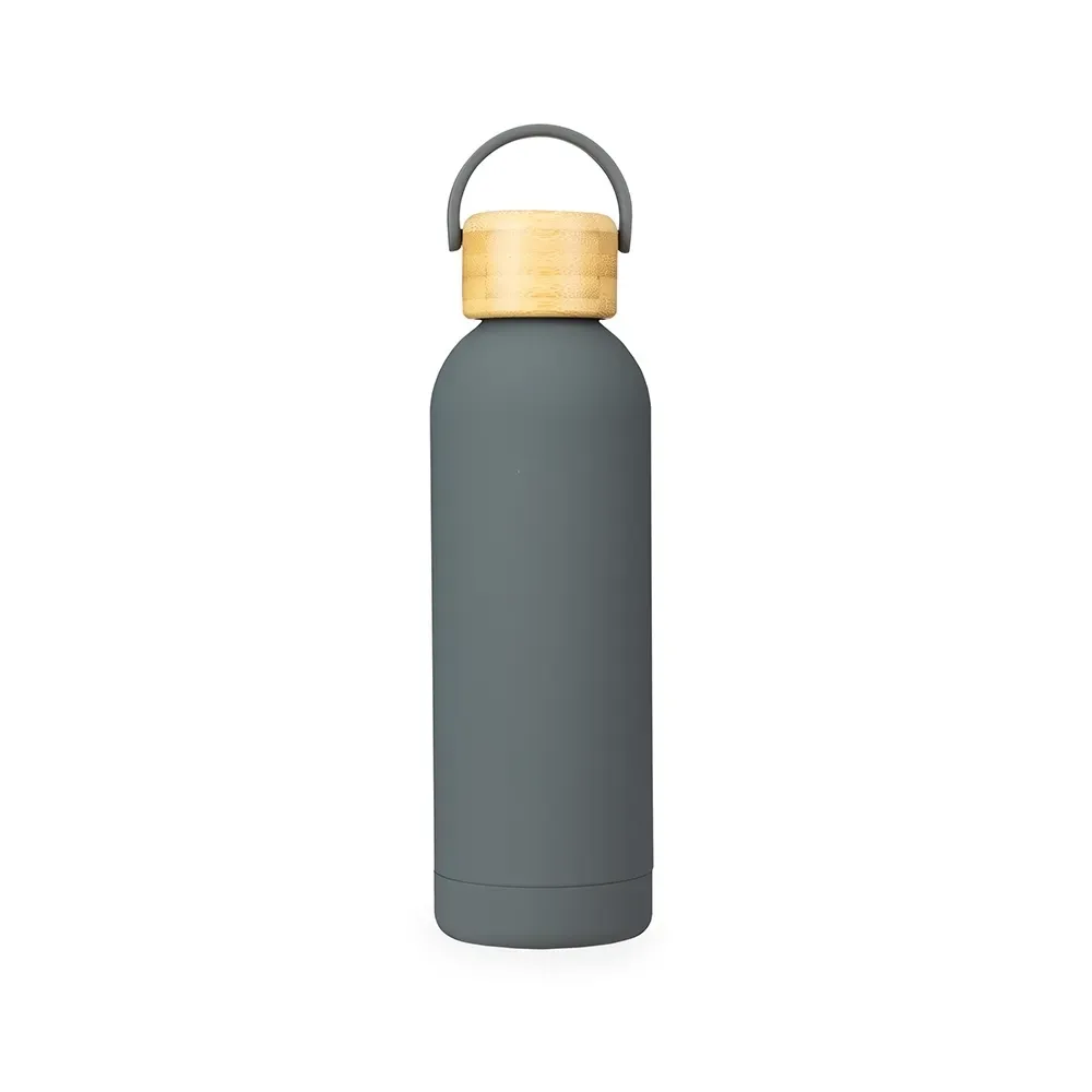 Garrafa Térmica Inox 500ml Pintura Emborrachada Tampa Bambu personalizada cinza