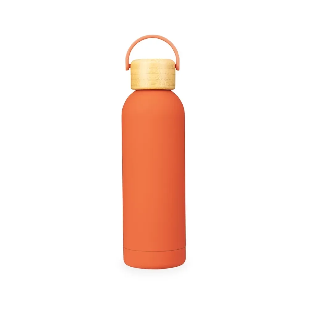 Garrafa Térmica Inox 500ml Pintura Emborrachada Tampa Bambu personalizada laranja