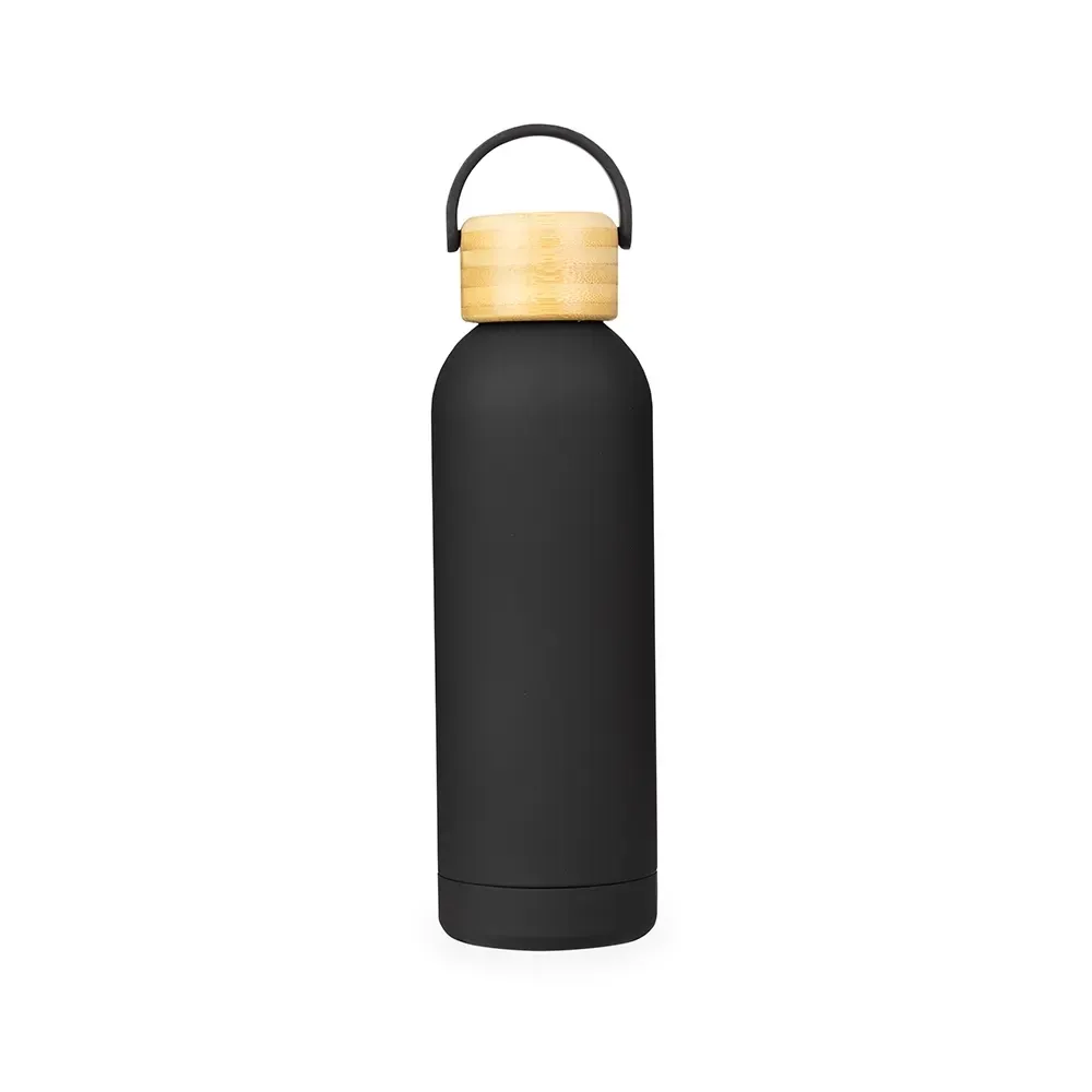 Garrafa Térmica Inox 500ml Pintura Emborrachada Tampa Bambu personalizada preta