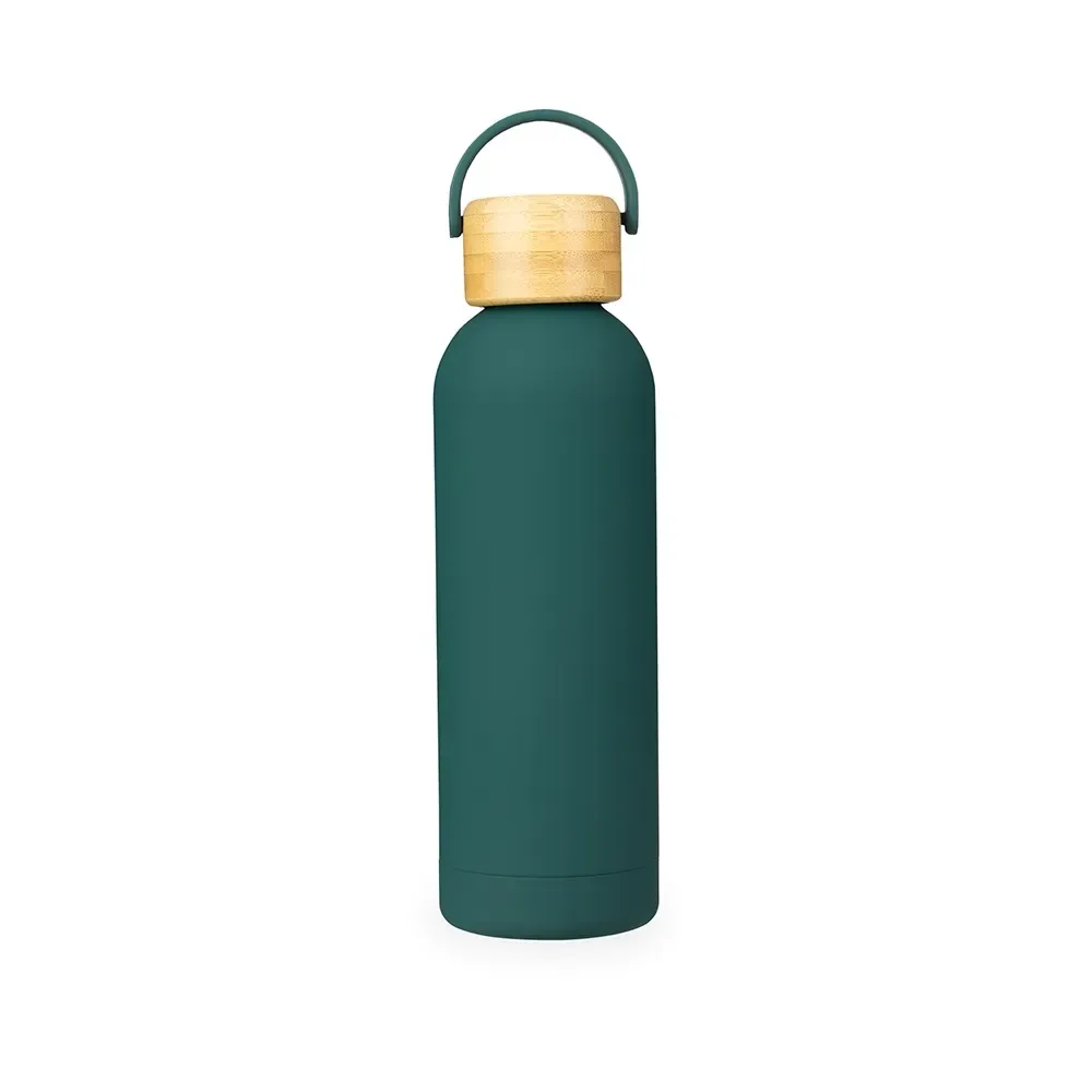 Garrafa Térmica Inox 500ml Pintura Emborrachada Tampa Bambu personalizada verde