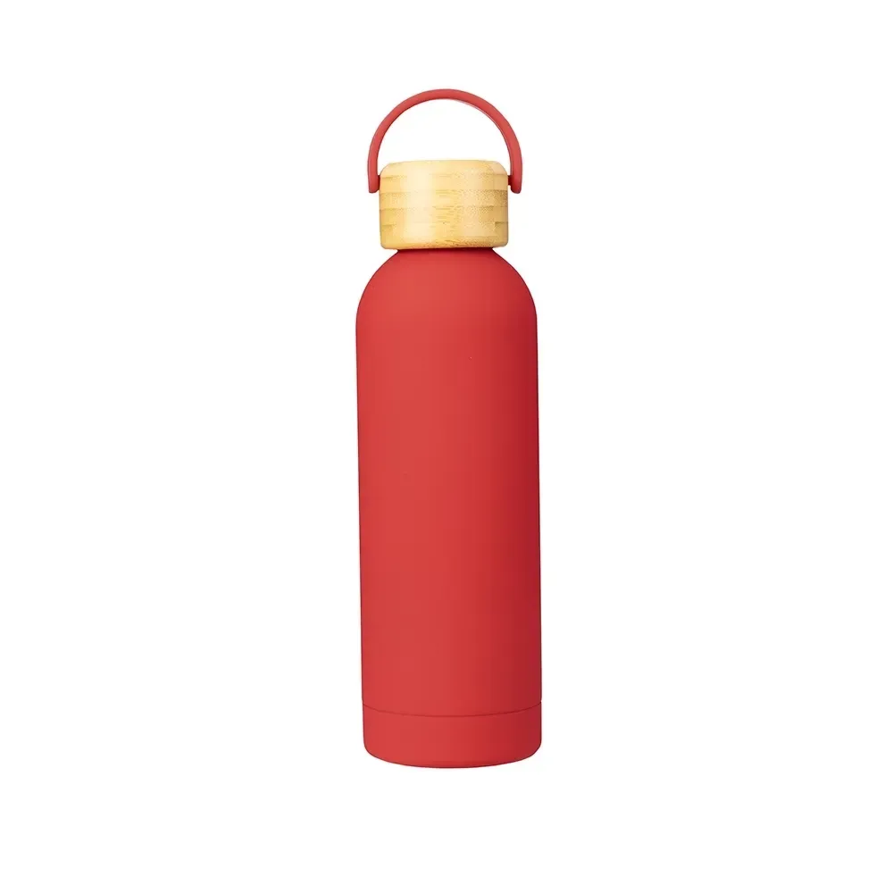 Garrafa Térmica Inox 500ml Pintura Emborrachada Tampa Bambu personalizada vermelha