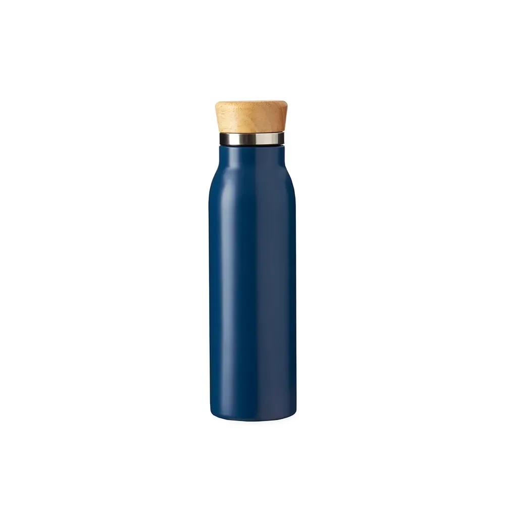 Garrafa Térmica Inox 600ml Tampa em Bambu personalizada azul escuro