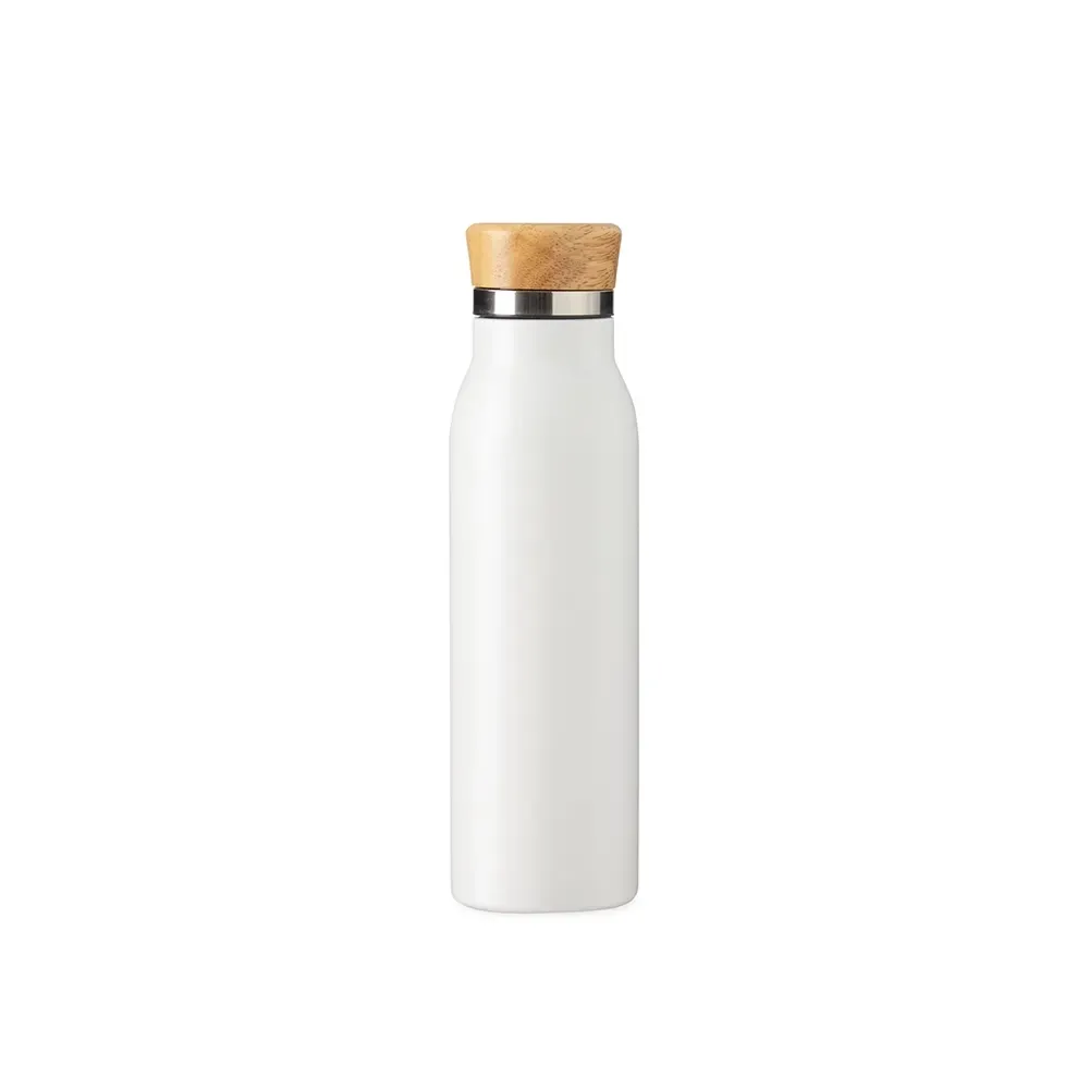 Garrafa Térmica Inox 600ml Tampa em Bambu personalizada branca