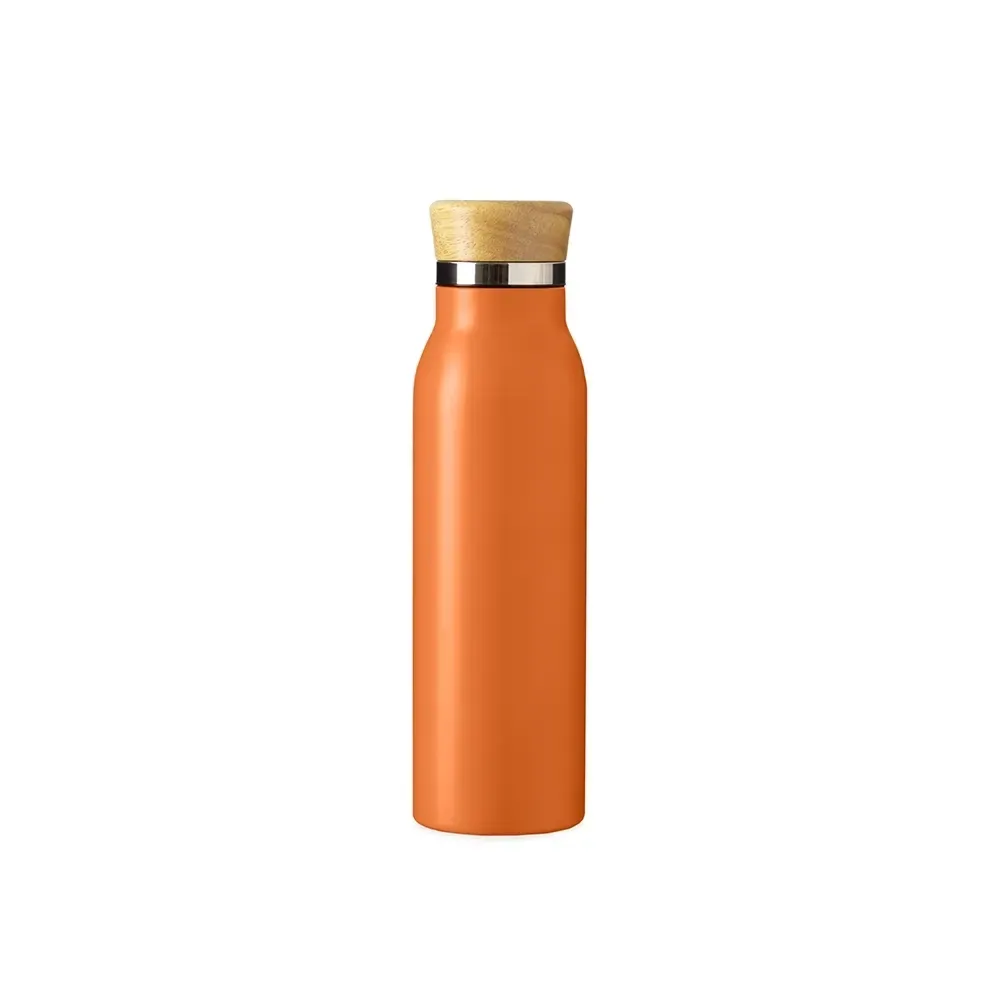 Garrafa Térmica Inox 600ml Tampa em Bambu personalizada laranja