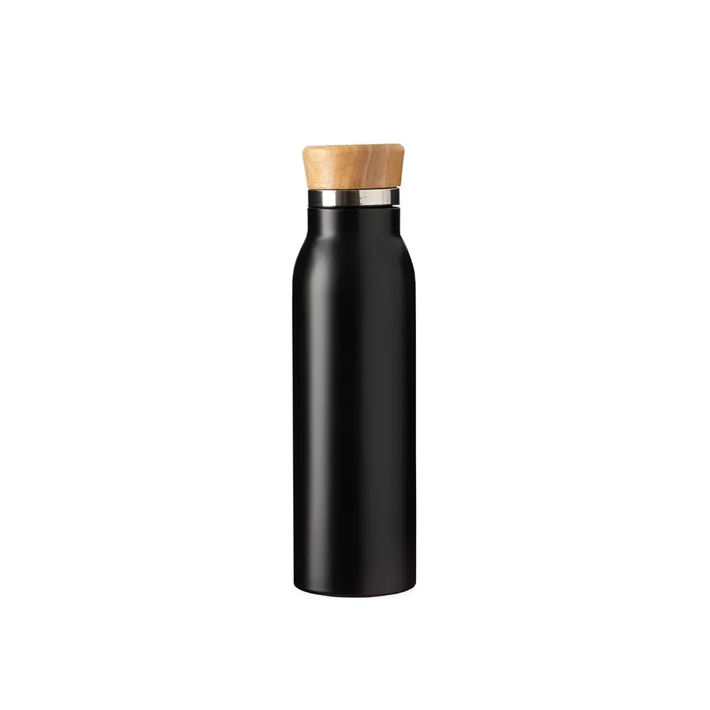 Garrafa Térmica Inox 600ml Tampa em Bambu personalizada preta