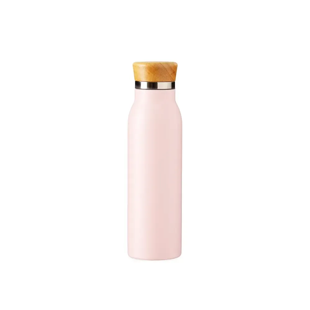 Garrafa Térmica Inox 600ml Tampa em Bambu personalizada rosa