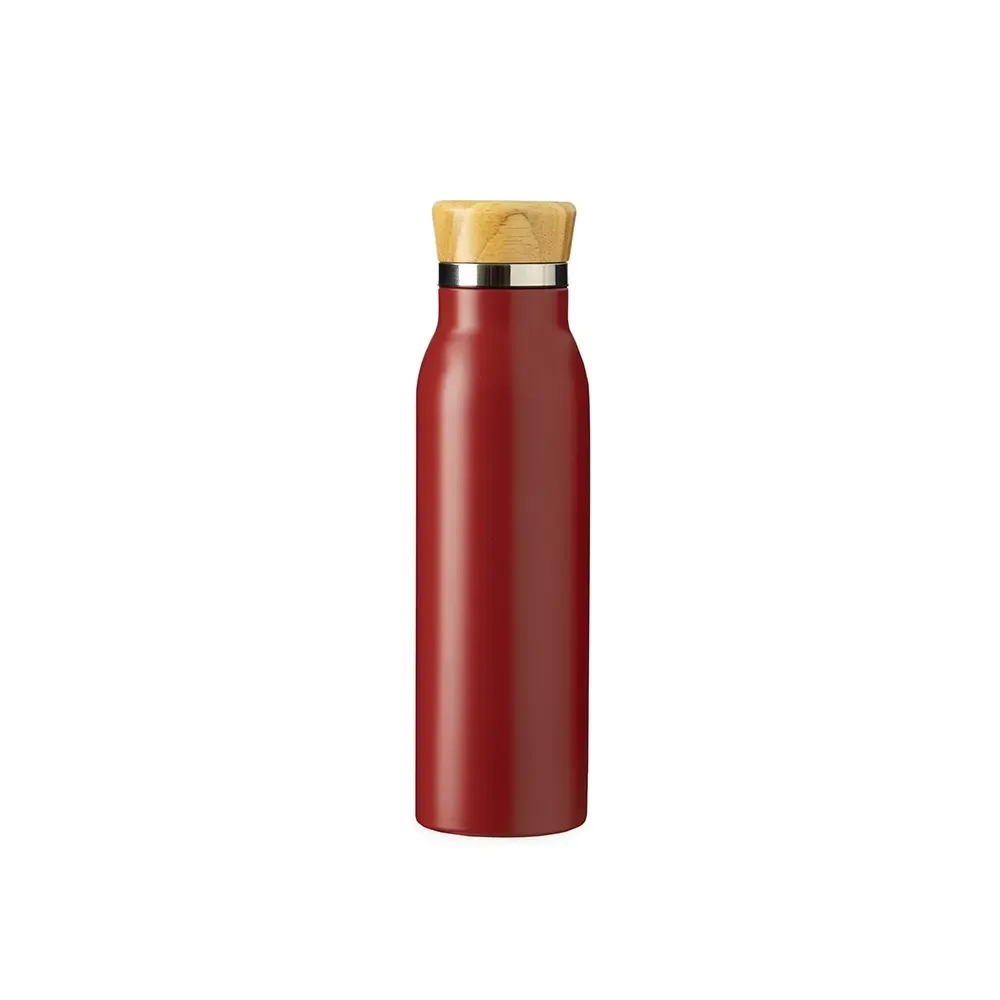 Garrafa Térmica Inox 600ml Tampa em Bambu personalizada vermelha
