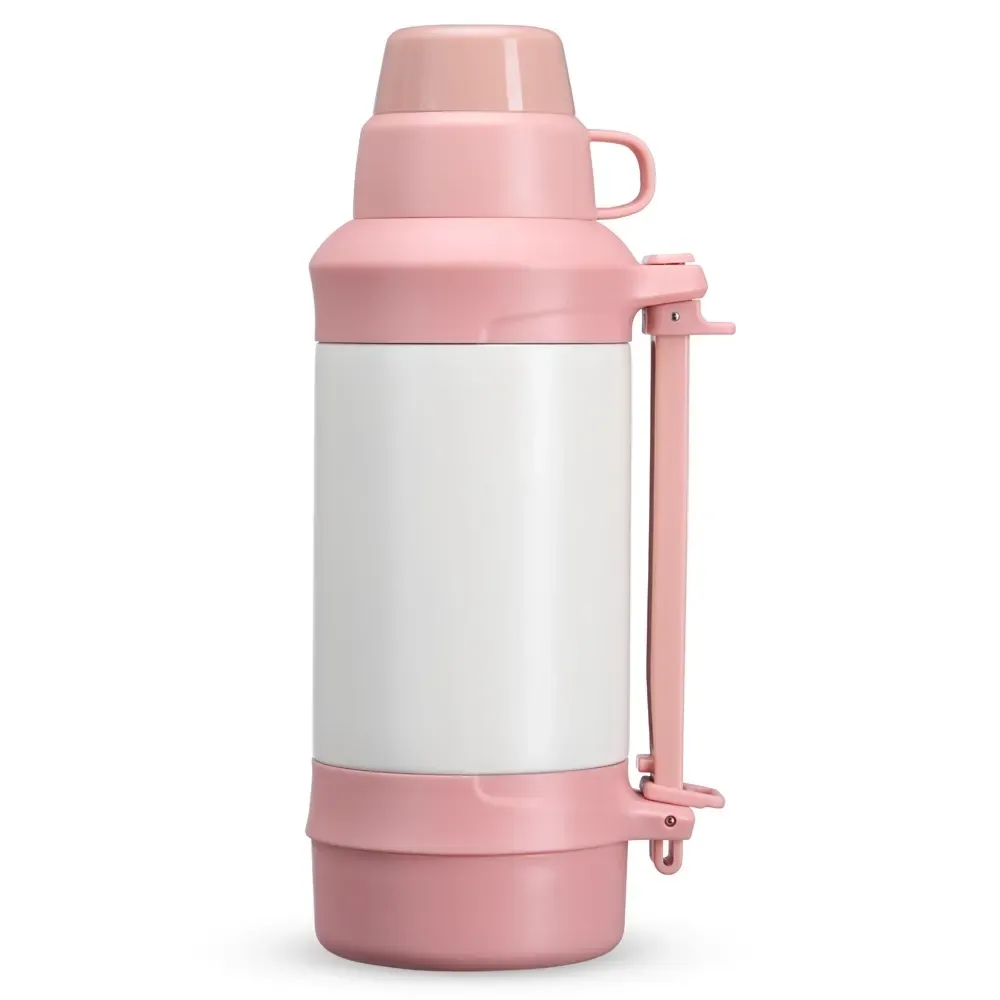 Garrafa térmica inox 1,25L rosa com cordão em couro sintético personalizada