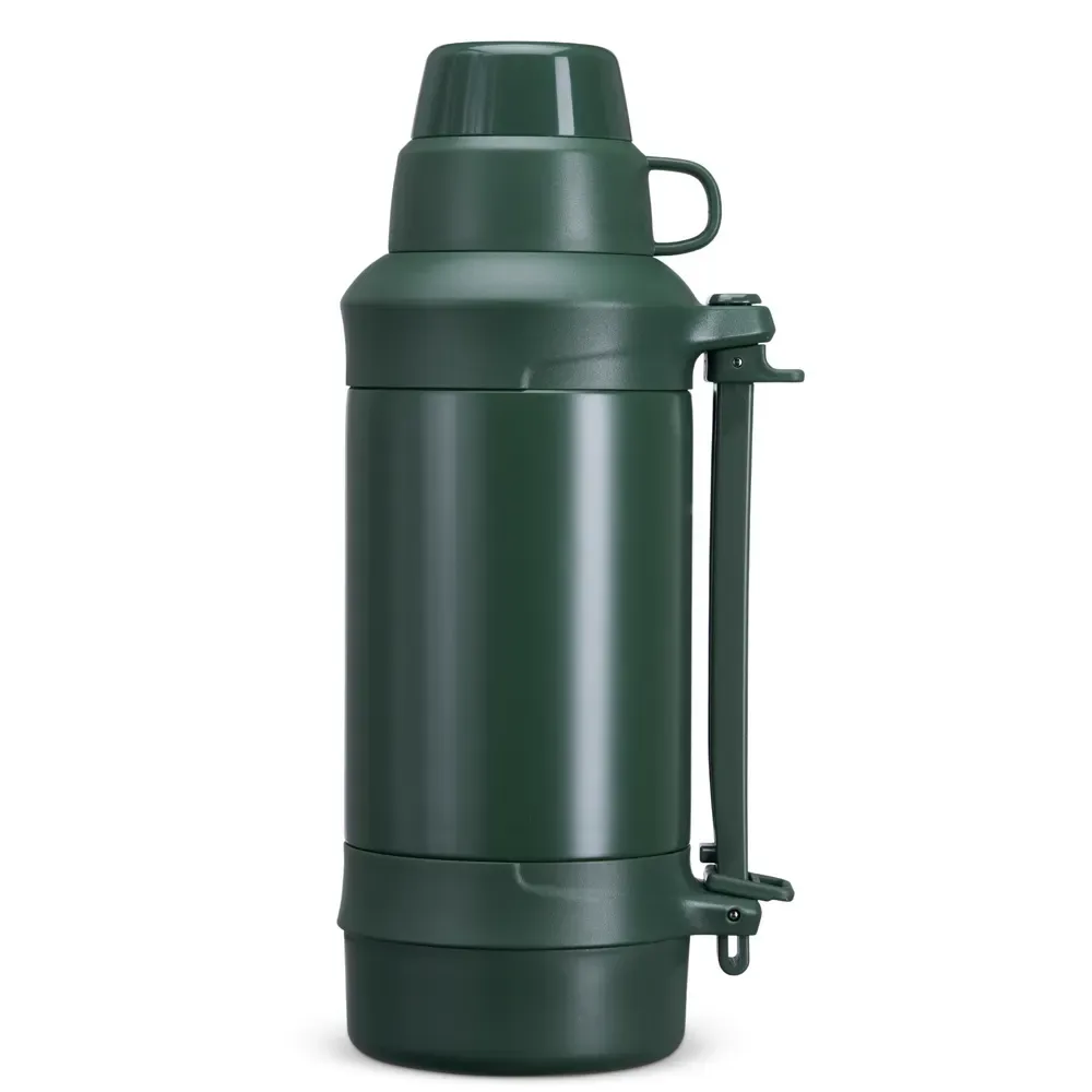 Garrafa térmica inox 1,25L verde com cordão em couro sintético personalizada