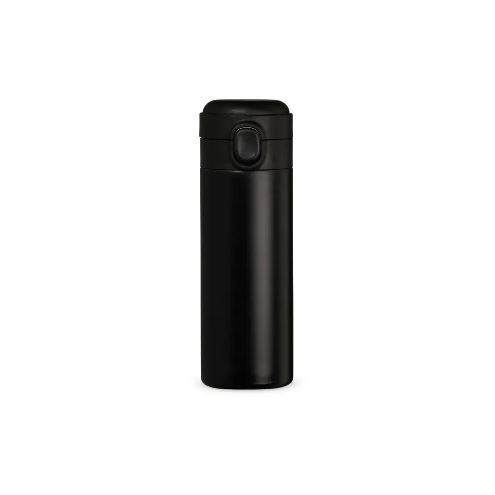 Garrafa Térmica Inox 400ml personalizada preta com botão central