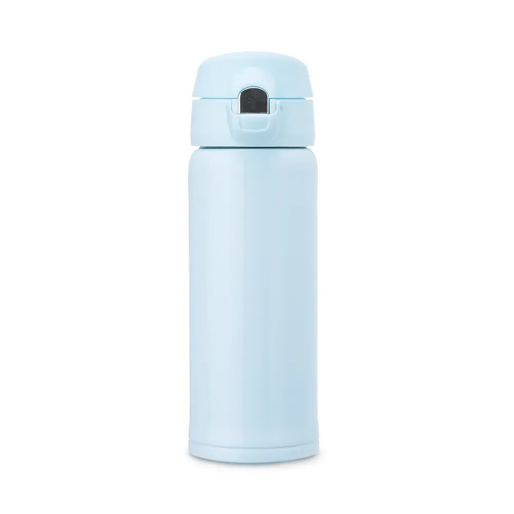 Garrafa térmica inox 400ml botão e trava de segurança personalizada azul claro