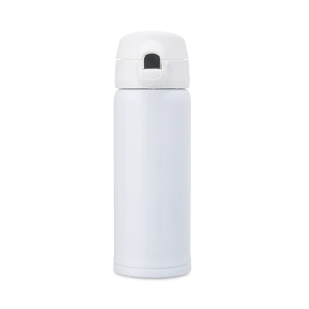 Garrafa térmica inox 400ml botão e trava de segurança personalizada branca