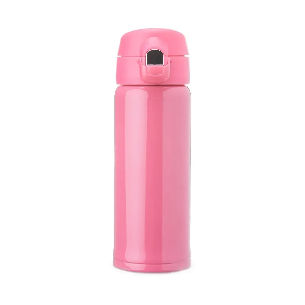 Garrafa térmica inox 400ml botão e trava de segurança personalizada pink
