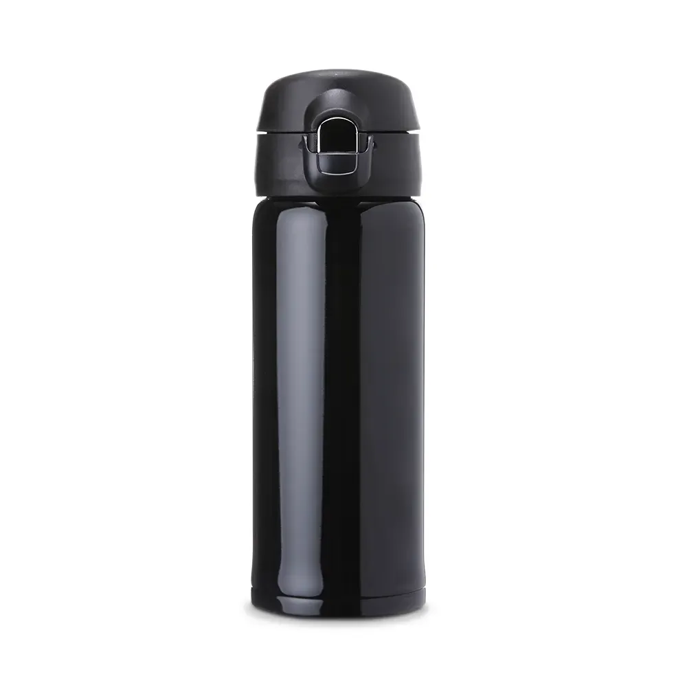 Garrafa térmica inox 400ml botão e trava de segurança personalizada preta