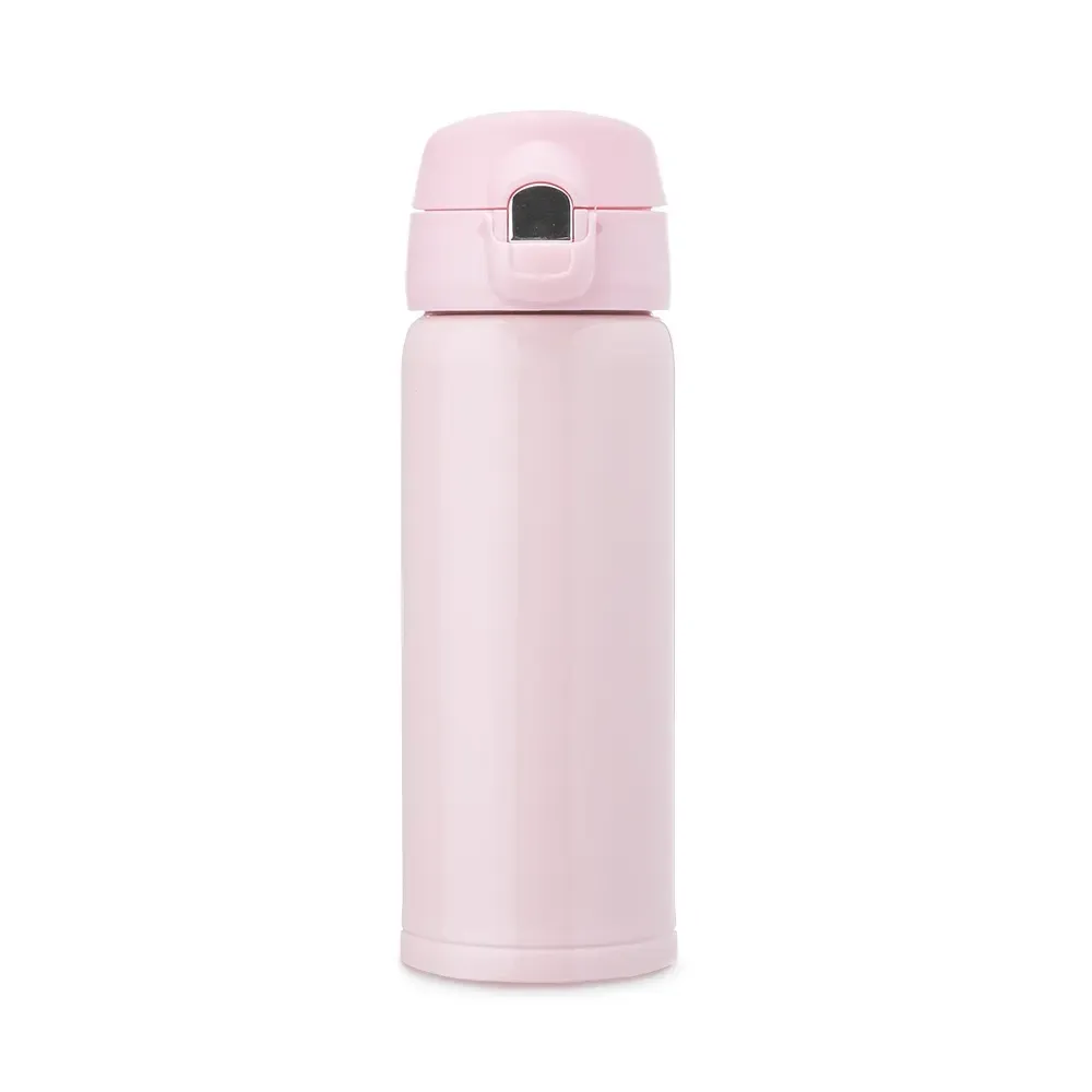 Garrafa térmica inox 400ml botão e trava de segurança personalizada rosa claro
