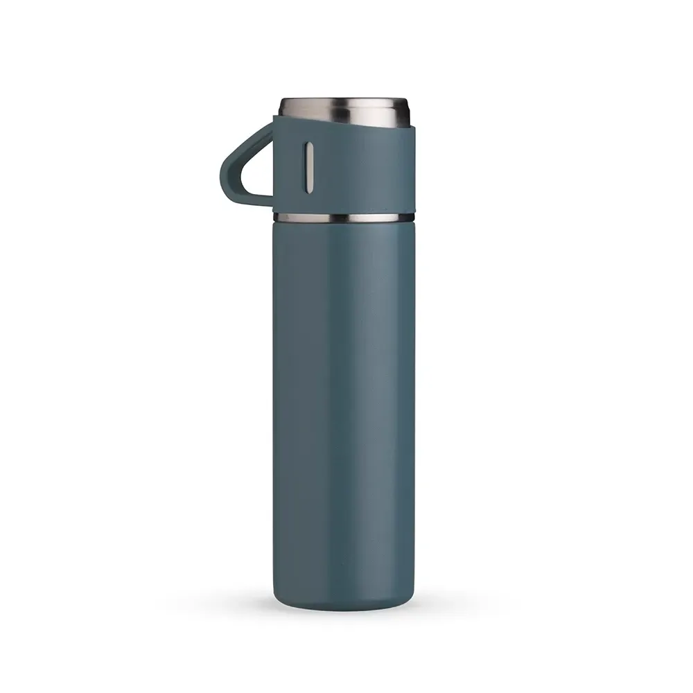 Garrafa térmica inox 450ml tampa vira caneca personalizada azul