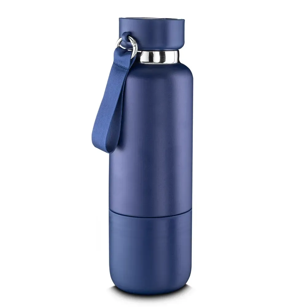 Garrafa Térmica Inox 500ml Cordão Mosquetão e Copo personalizada azul