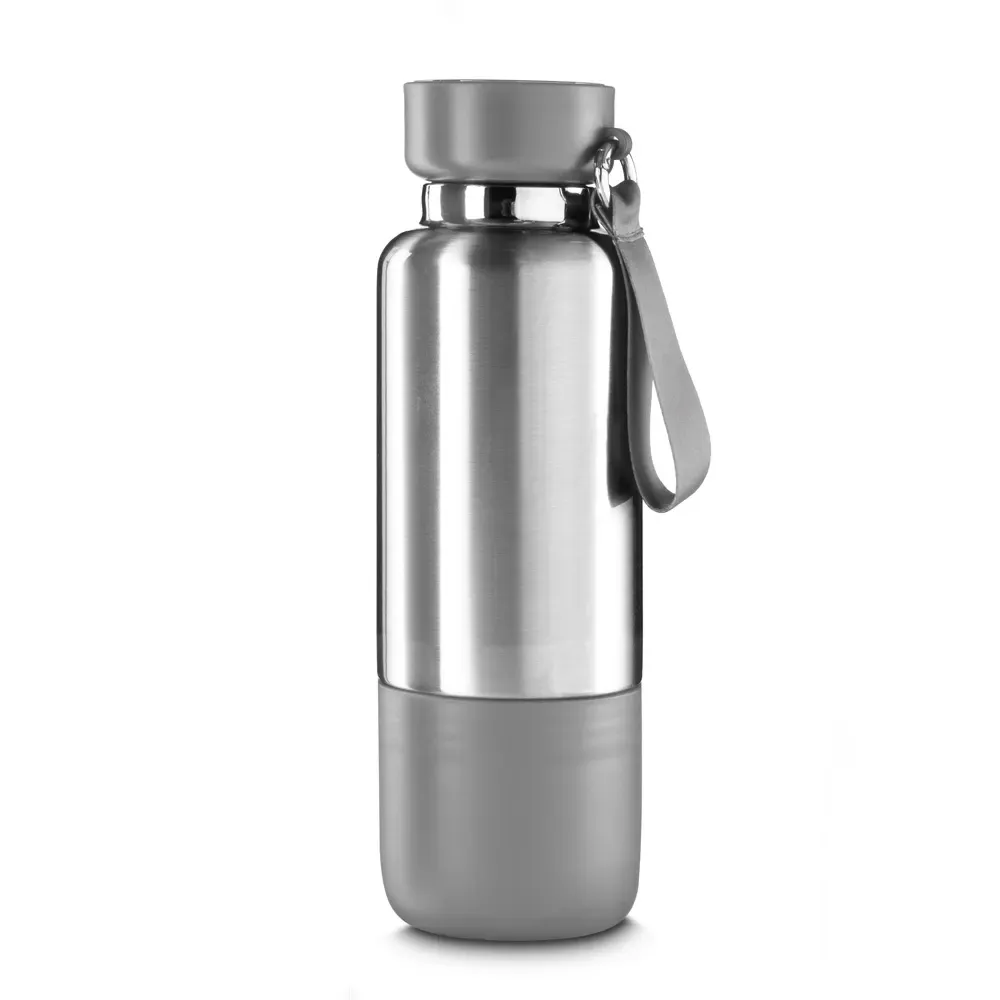 Garrafa Térmica Inox 500ml Cordão Mosquetão e Copo personalizada cinza