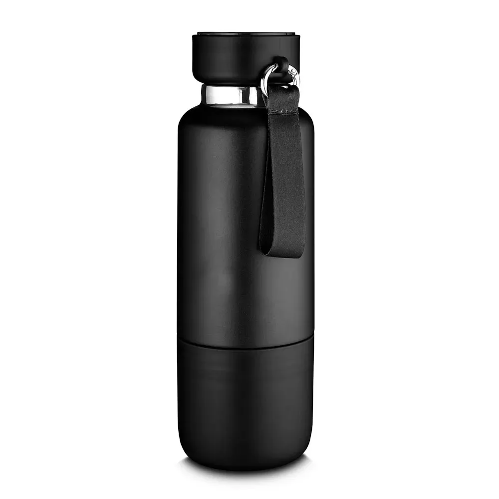 Garrafa Térmica Inox 500ml Cordão Mosquetão e Copo personalizada preta