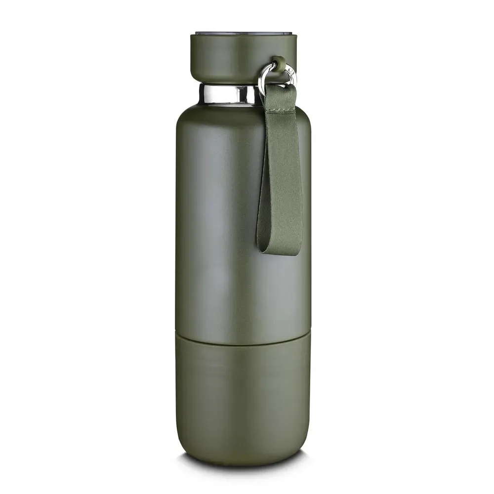 Garrafa Térmica Inox 500ml Cordão Mosquetão e Copo personalizada verde