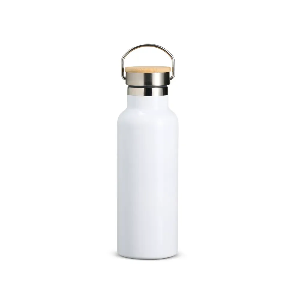 Garrafa Térmica Inox 500ml Detalhe em Bambu branca