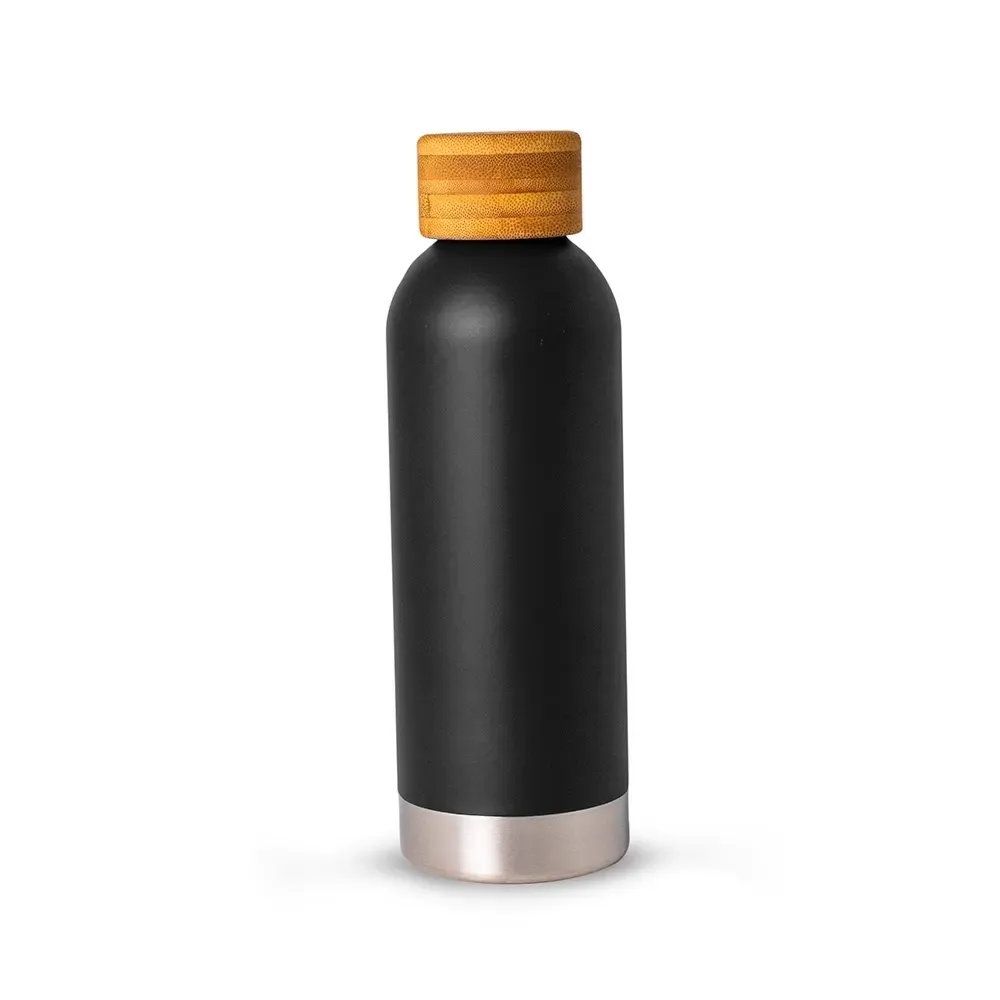 Garrafa Térmica Inox 510ml Tampa em Bambu personalizada preta