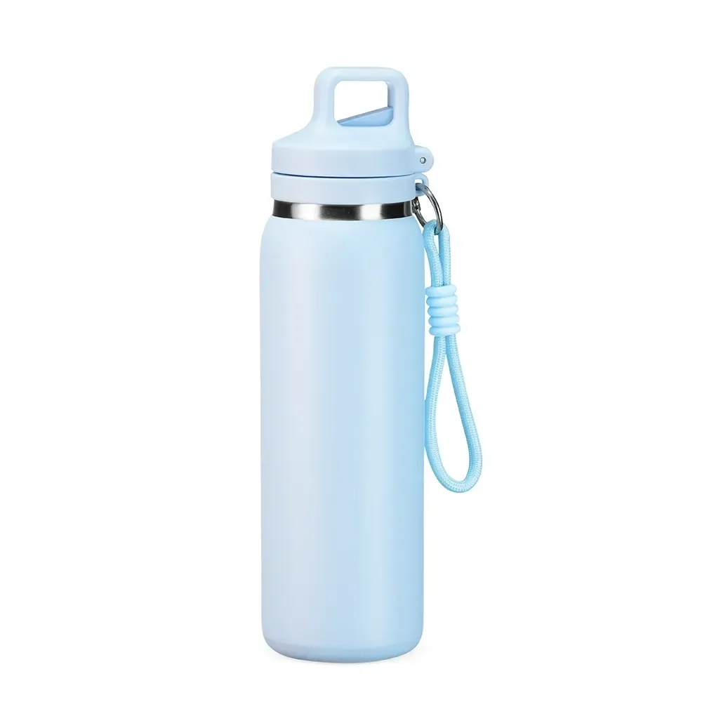Garrafa Térmica Inox 600ml Bico Retrátil com Mosquetão personalizada azul claro