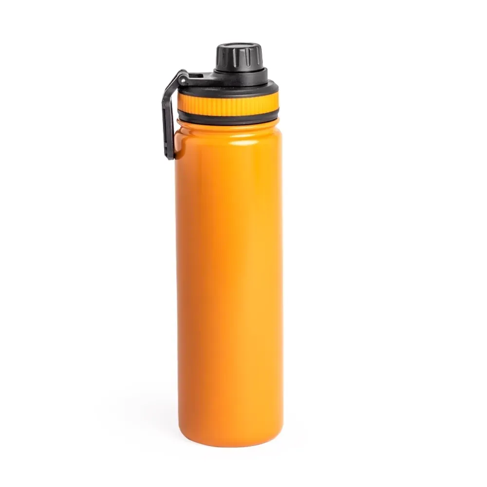 Garrafa térmica inox 650ml laranja com alça e tampa rosqueável personalizada